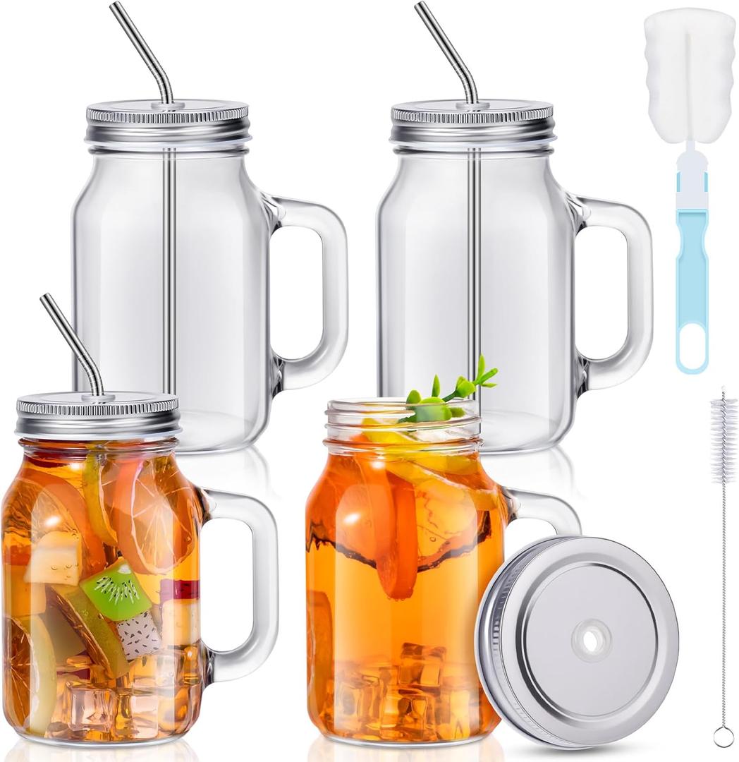 Jinei 4 Sets 20 oz Glass Mason Jar with Handle and Straws Glass Tumbler with Wide Mouth Drinking Cups Reusable Mason jar Mugs with Brush for Cold Drinks Smoothie Tea Iced Coffee