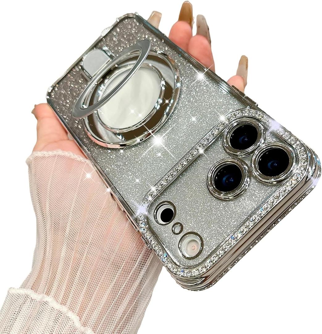 for iPhone 17 Pro Max Magnetic Glitter Case [Compatible with MagSafe] Women Girls Bling Rhinestone Case with Stand Luxury Diamond Camera Protection Shockproof Case for iPhone 17 Pro Max, Silver