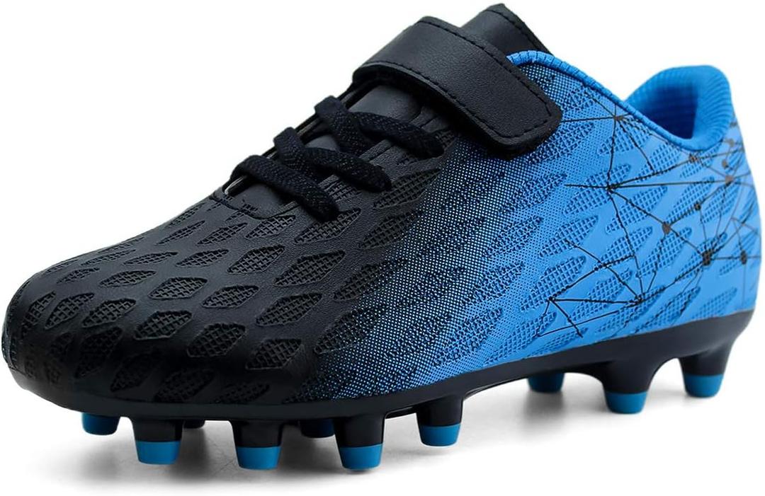 brooman Kids Firm Ground Soccer Cleats Boys Girls Athletic Outdoor Football Shoes (13 Little Kid, Black Blue)