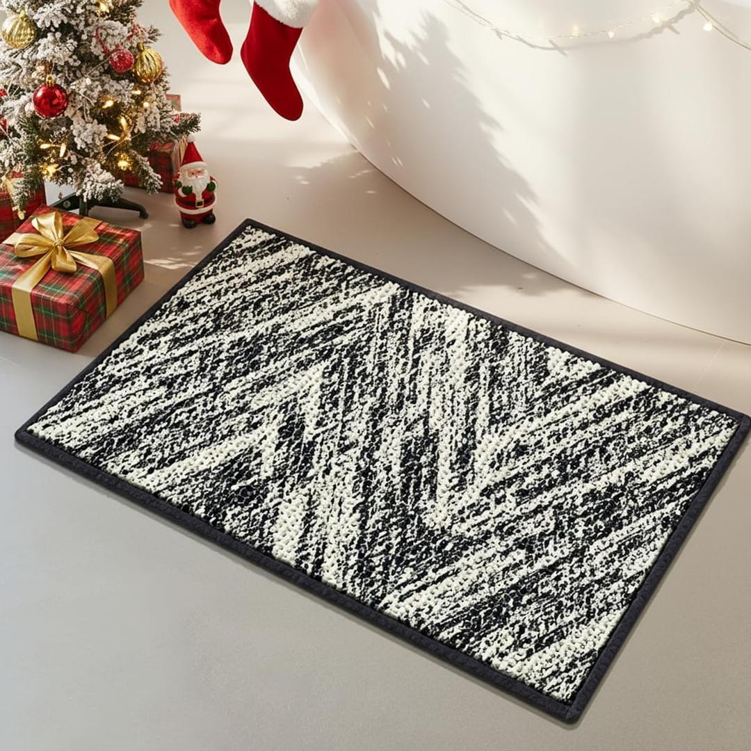 Woven Bath Mat, Modern Bathroom Rug Non-Slip, Washable, Ultra-Absorbent, Quick-Drying Minimalist Bathroom Decor (Black, 24"x16")