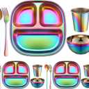 Tioncy 15 Pcs Stainless Steel Kids Dinner Set, Bowls, Balanced Bites Divided Plates, Cups, Spoons and Forks, Stainless Steel Lunch Plates Dinnerware Set for Kids Toddlers (Classic)