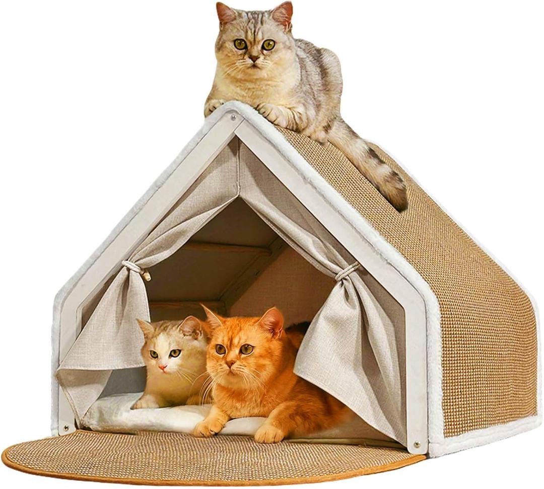 Cat Houses for Indoor Cats - 4 Seasons Cat Bed Cave with Natural Sisal Cat Scratcher Mat, Solid Wood Frame Cat House with Curtains and Cat Floor Scratching Pad Rug, Protect Couch and Carpets,19.7*15.7*15.7'', Medium