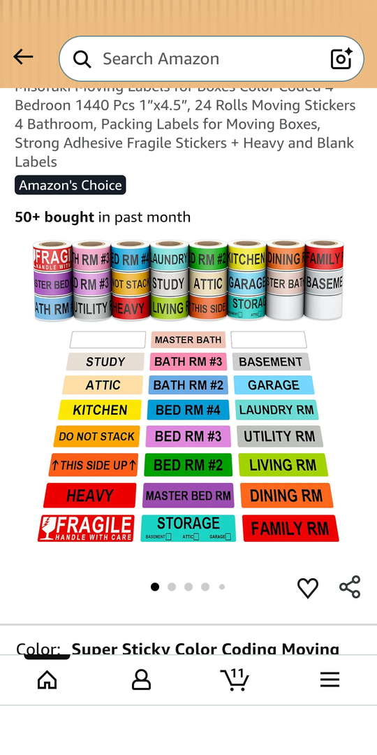 Misofuki Moving Labels for Boxes Color Coded 4 Bedroon 1440 Pcs 1”x4.5”, 24 Rolls Moving Stickers 4 Bathroom, Packing Labels for Moving Boxes, Strong Adhesive Fragile Stickers + Heavy and Blank Labels