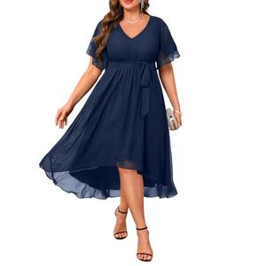 Plus Navy Blue Dress Mother of the Bride Wedding Guest Formal Chiffon Short Sleeve High Low Semi Formal Dress Women (16 Plus, Navy Blue)