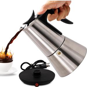 Electric Stainless Steel Moka Pot 6 Cup 300ml Mocha Pot Espresso Maker with Detachable Base Ideal Coffee Maker for Home Italian and Cuban Caf Coffee maker Espresso maker Coffee Pot (Silver)