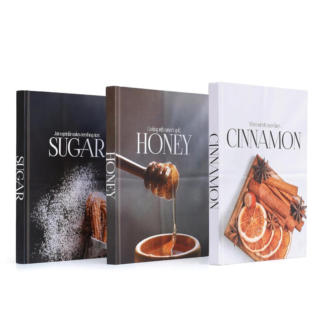 Decorative Book for Home Decor Sugar, Honey & Cinnamon Decorative Book Set Neutral Faux Hardcover Books for Kitchen, Coffee Table, Living Room, Shelf Styling Blank Interior Set of 3