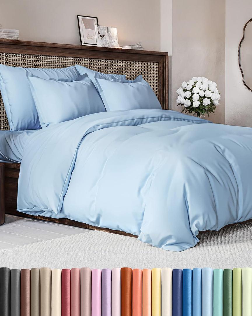 Duvet Cover Queen Size - Extra Soft Queen Size Duvet Cover - Lightweight & Breathable - Easy Care & Fade Free with Zipper Closures and Ties - 90" x 90" Inches - (Sky Blue) Comforter Not Included