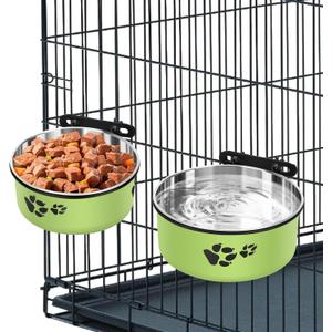 Dog Crate Bowls, ShineMe Stainless Steel Dog Kennel Bowls for Crates, Spill Proof Dogs Dishes That Attach to Crate Kennel Cage for Small Medium Size Dogs Cats, Set of 2, Green (6.2x2.6 & 5.5x2.4)