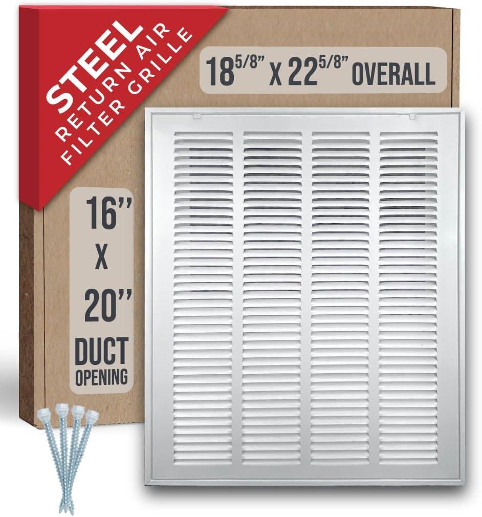 Fits 16x20 Duct Opening | Steel Return Air Filter Grille by Handua [Removable Door] for 1-inch Filters | Vent Cover Grill | White | HVAC Cold Air Intake Grille | Out Dim: 18 5/8"W X 22 5/8"H