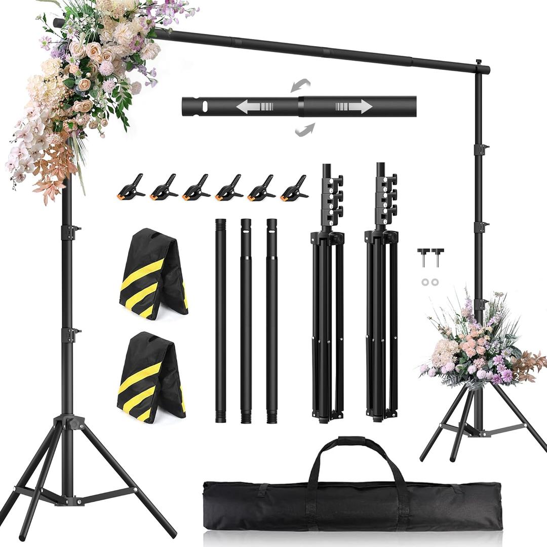 Backdrop Stand 10 x 8 FT for Photography Studio, Telescopic Adjustable Background Stand for Parties, Photoshoot Backdrop Stand with Spring Clamps, Sandbags, Carry Bag (Black)