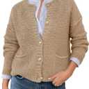 Saodimallsu Women's Chunky Knit Cardigan Button Down Crewneck Long Sleeve Cropped Sweater with Pockets (L)