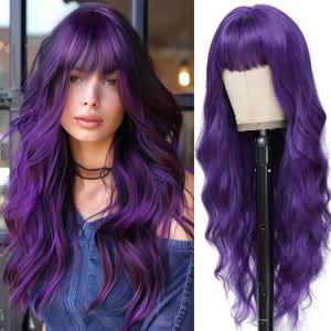 Dark Purple Wig with Bangs for Women Long Purple Wavy Wigs 26 Inch Dark Purple Wigs Natural Looking Heat Resistant Synthetic Wig for Daily Party Use