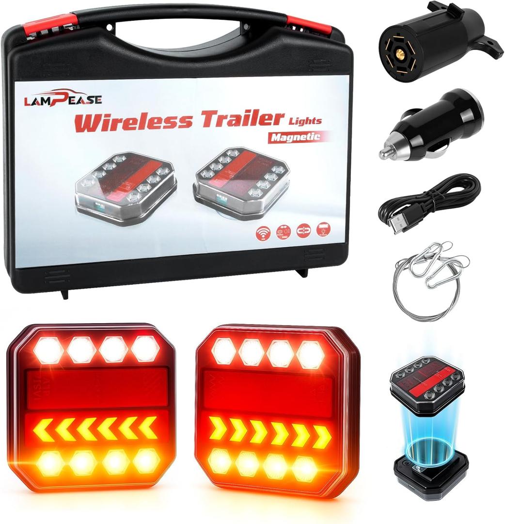 Wireless Trailer Lights Magnetic, New Rechargeable LED Trailer Light Kit with Brake Lights, Turn Signals and Reverse Lights for Towing Truck Camper RV Boat (Black)