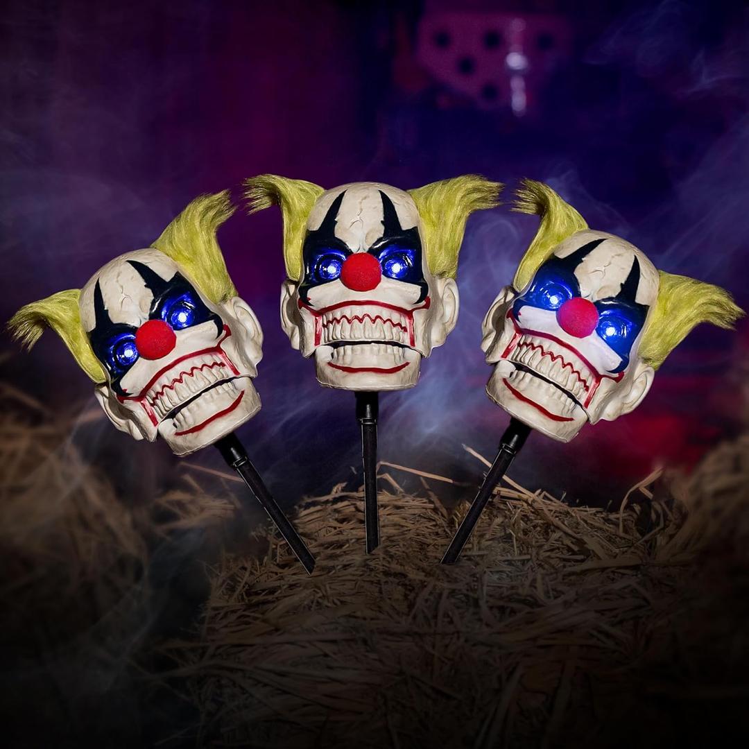 Halloween Animatronic Clown Decorations  3 Pack Talking LED Pathway Markers with Moving Mouth & Light Up Eyes  Outdoor Scary Yard Stakes for Halloween Party, Haunted House, Lawn Decor, Horror Prop