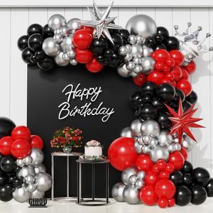 Red and Black Silver Balloon Arch Garland kit 150Pcs Red and Black Latex Chrome Silver and Crown Starburst Star Mylar Balloons for Birthday 2025 Graduation Party Decorations