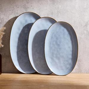 famiware Serving Platter, Oval 15.59/14.3/12.9inch Serving Dishes for Entertaining, Serving Bowls, Reactive Glaze, Stoneware Serving Trays for Party, Food, Turkey, Cheese, Ocean Series, Blue