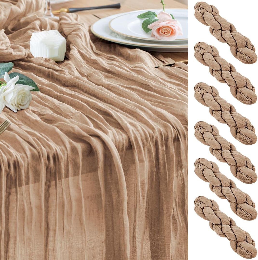 Wokceer Cheesecloth Table Runner 6Pack 10FT Nude Brown Boho Gauze Cheese Cloth Table Runner for Party Long Rustic Sheer Table Runners for Baby Bridal Shower Wedding Easter Table Decor