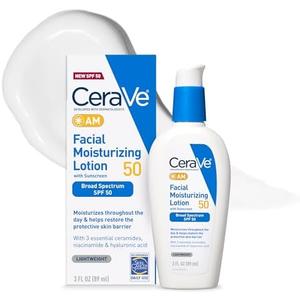CeraVe AM Facial Moisturizing Lotion SPF 50, Face Moisturizer with SPF, Hyaluronic Acid, Niacinamide & Ceramides, Non-Greasy, Blends Seamlessly With No White Cast, Non Comedogenic Sunscreen, 3 Oz