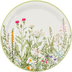 Wildflower Party Plates 9" Floral Paper Plates Botanical Green Leaves Herbs Disposable Flower Party Supplies Spring Summer Vintage Garden Decorative Dinner Dessert Plates