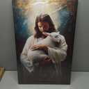 Framed Jesus Holding Lamb Wall Art Canvas Print Religious Christian Poster Catholic Painting Home Decor, Living Room Bedroom Inspirational Picture Ready to Hang 16x24 Inch