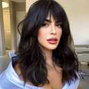 Black Wig with Bangs,Black Wavy Wigs for Women,Shoulder Length Curly Synthetic Hair Wig for Party Daily Use 18IN