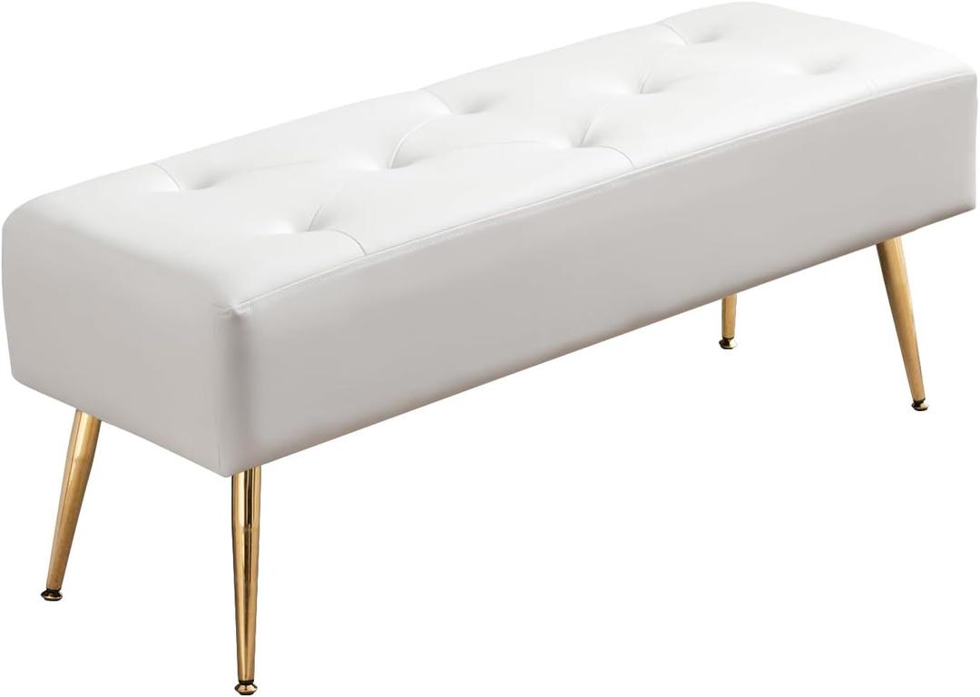 Furnimart Upholstered Tufted White Bench Ottoman with Padded Seat, Footrest Foot Stool with Sturdy Metal Leg, White Leather Bench for Bedroom Living Room Entryway (Pu Ivory White)