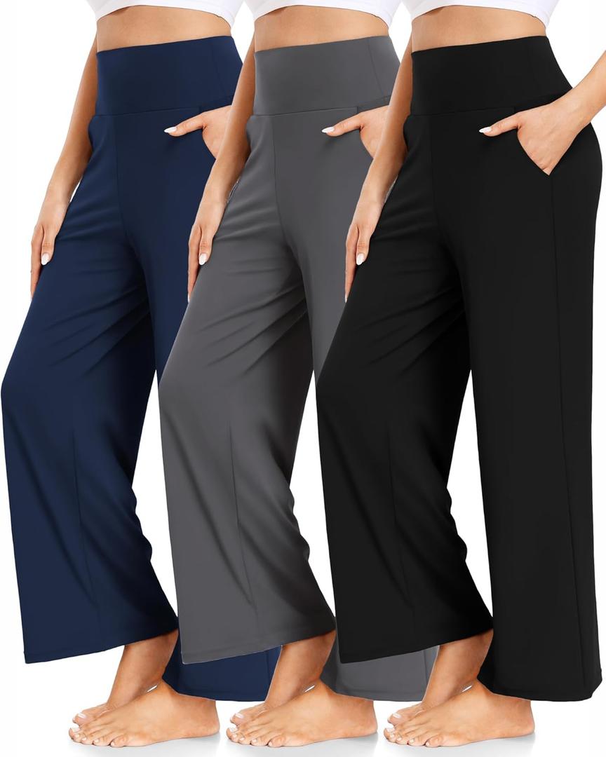 FULLSOFT 3 Pack Women's Wide Leg Yoga Pants Comfy Loose Sweatpants High Waisted Lounge Casual Pants with Pockets (Medium, Black,grey,navy Blue)