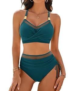 Blooming Jelly Women High Waisted Bikini Sets Tummy Control Swimsuits Modest Mesh Metal Crisscross Back Bathing Suit (Small, Blue Green)