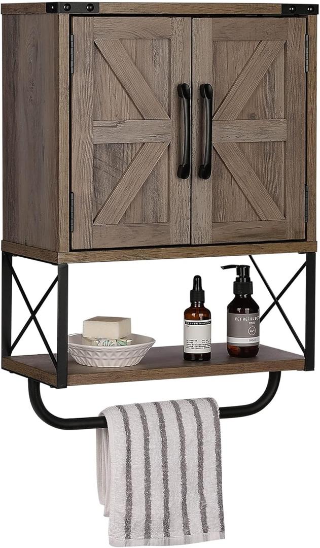 RUSTOWN Farmhouse Rustic Medicine Cabinet with Two Barn Door,Wood Wall Mounted Storage Cabinet with Adjustable Shelf and Towel Bar, 3-Tier Cabinet for Bathroom, Living Room(Washed Oak)