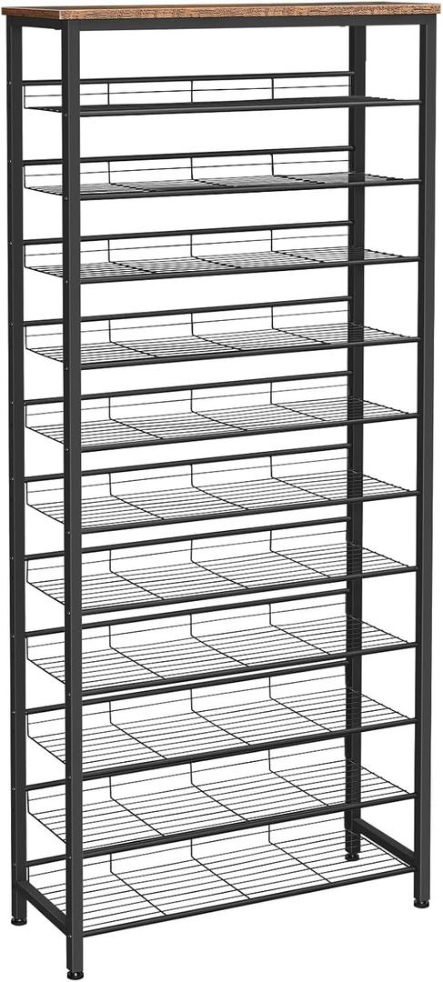 HOOBRO 12-Tier Shoe Rack, Large Capacity Shoe Storage Organizer for 35-45 Pairs of Shoes, Standing Shoe Shelf with Slanted Shelves, for Entryway, Closet, Hallway, Rustic Brown and Black BF51XJ01
