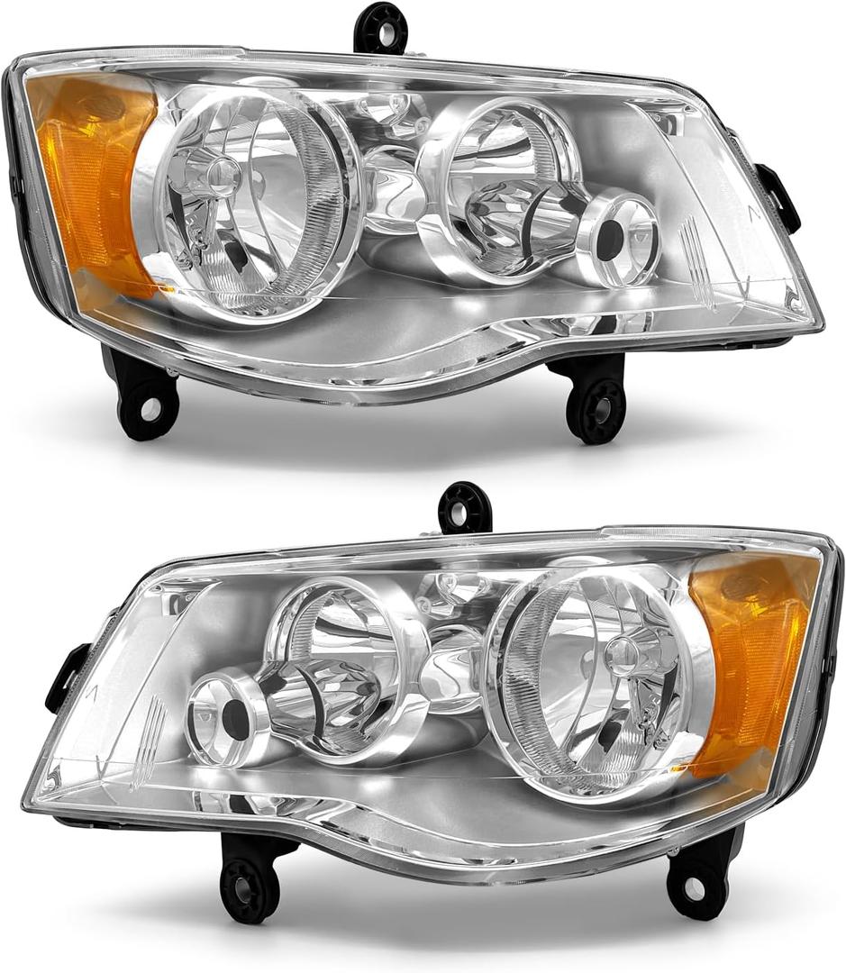 fit 2011-2020 Dodge Grand Caravan Headlights for 2008-2016 Chrysler Town & Country Factory Style Headlamp Chrome Housing Amber Reflector Left and Right PairsW/O Bulbs (Transparent)
