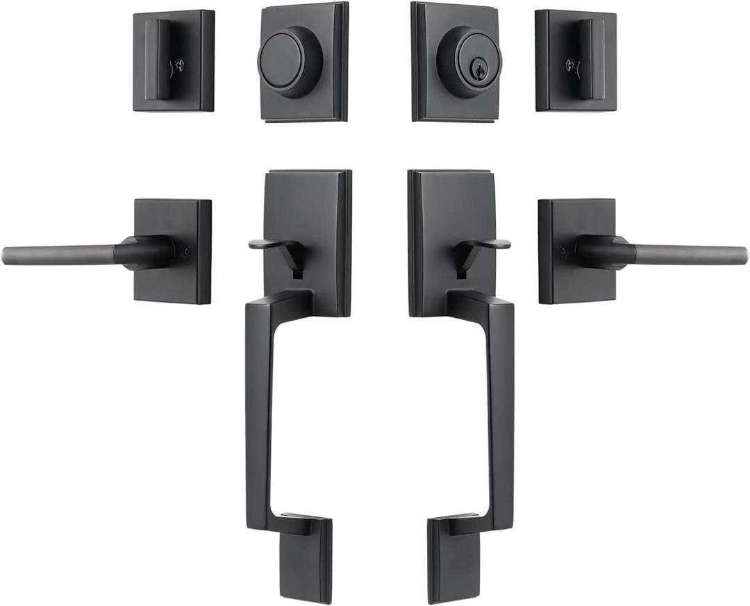  Door Lock Set Double Door Handle Sets with Deadbolt Black Entry Door Locksets Single Cylinder HandleSet with Straight Handle Lower Half Grip Matte Black Double Door Handleset with Dummy
