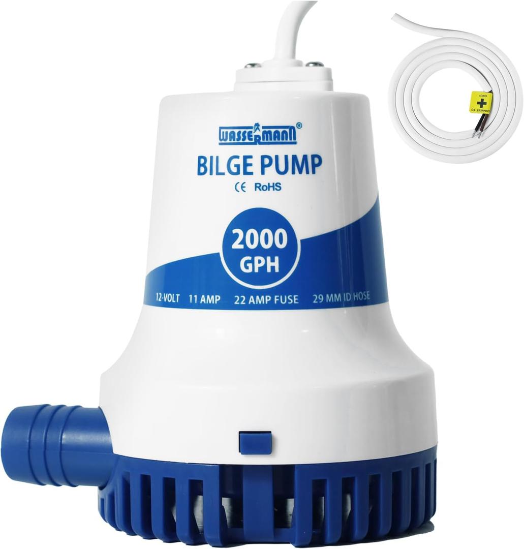 WASSERMANN 2000GPH Prime Bilge Pump 12V, Upgraded Heavy-Duty Marine Submersible Bilge Water Pumps for Boats with Long Power Cord and Anti-Airlock Protection for Continuous Reliable Operation
