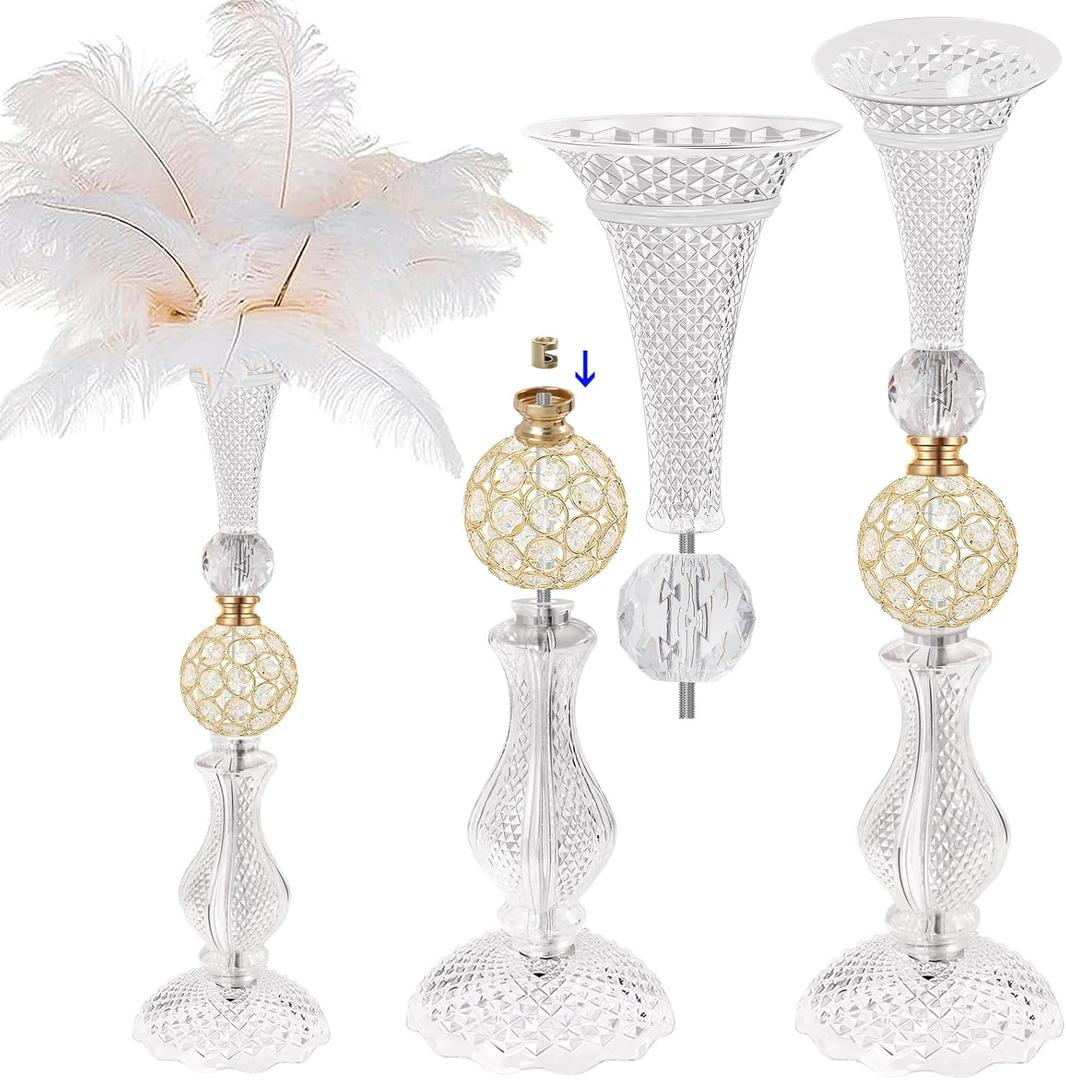 VIJIV Premium Clear Acrylic Flower Vases for Wedding Table Centerpieces, Tall Trumpet Vase for Flower Arrangement & Ostrich Feather Holder, Perfect for Wedding Galas, Anniversary & Formal Events
