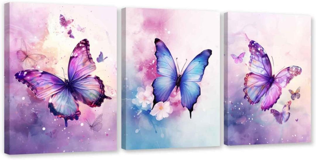 ARTZGX 3 Piece Purple Butterfly Canvas Wall Art Butterfly Pictures Wall Decor Watercolor Painting for Girls Room Decor Frame(Pink 12x16inchx3P (30x40cmx3P))