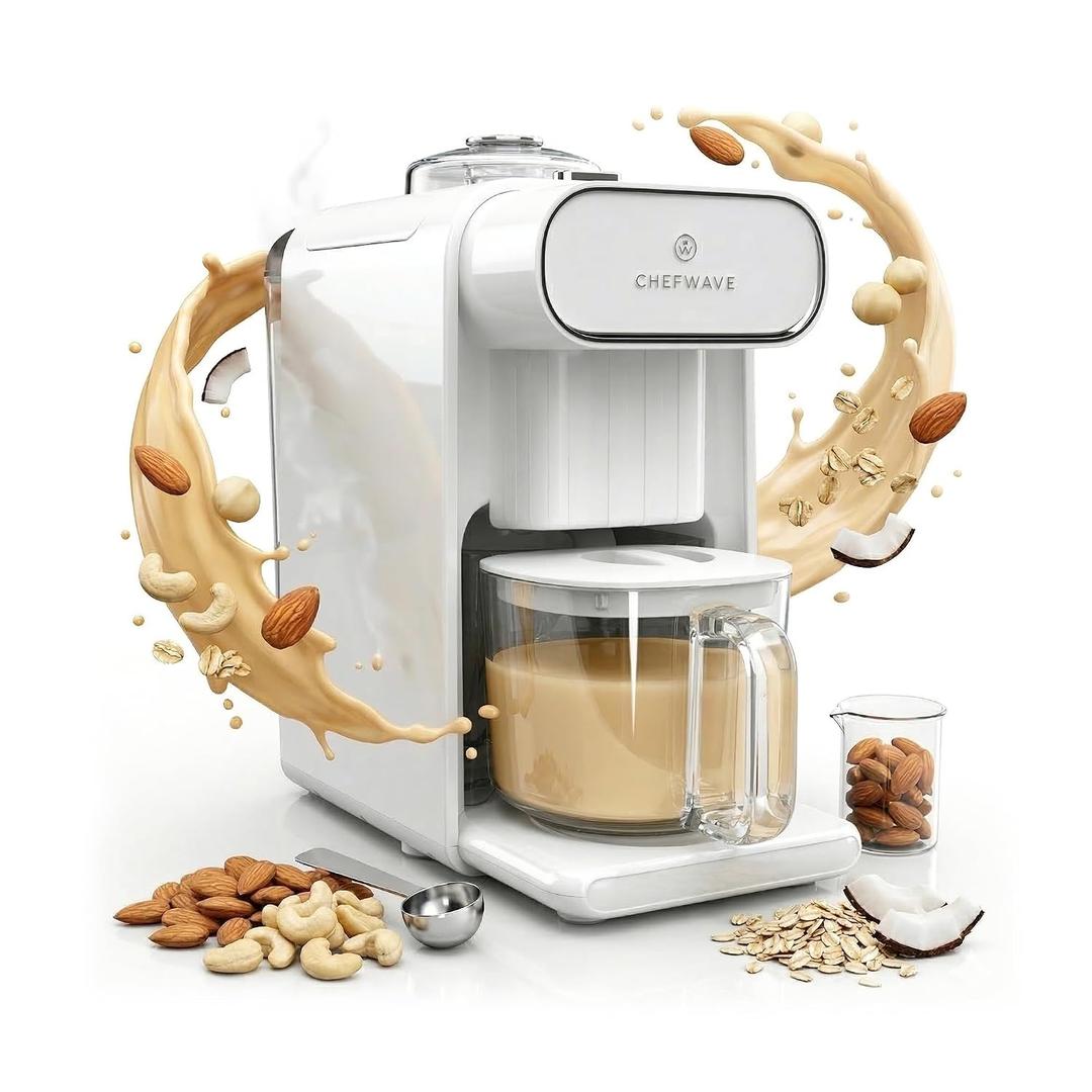 ChefWave Milkmade Soy Milk Maker – 6-in-1 Plant-Based Milk Machine for Almond, Oat, Soy, Cashew, Coconut & Macadamia – No Soaking, Auto-Clean, Delay Start, Glass Pitcher – White