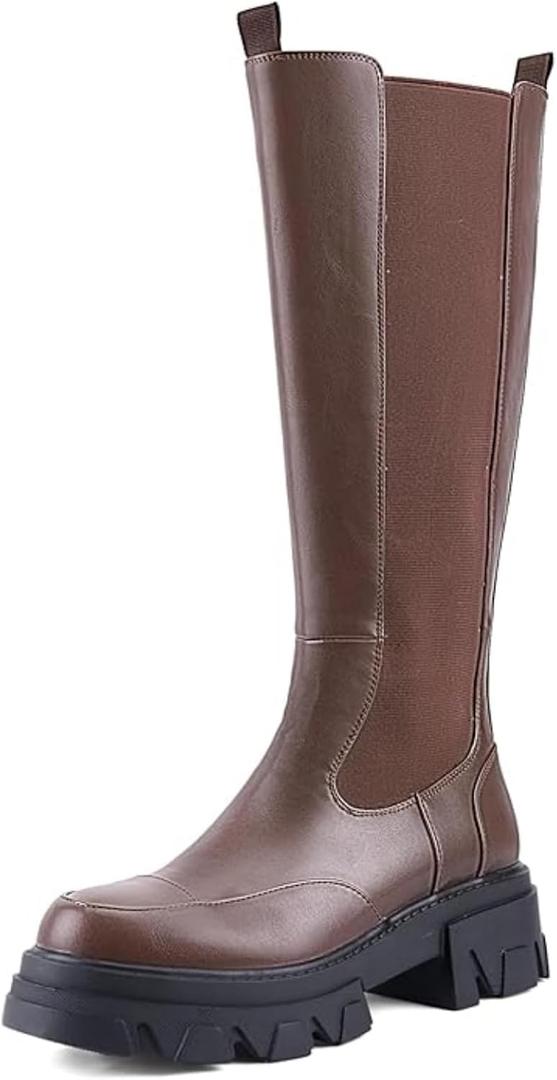 Women’s Knee High Platform Boots, Lug Sole Pull-On Riding Boots with Elastic Panel, Chunky Heel Round Toe Tall Boots for Fall Winter Dress Casual Size 8, Brown
