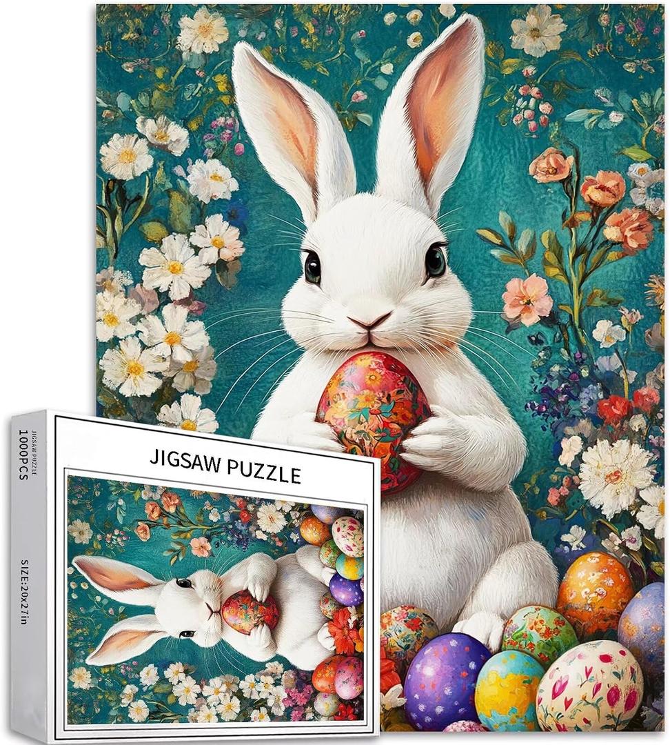 Sumllee 1000 Piece White Easter Bunny Jigsaw Puzzle for Adults, Easter Eggs Puzzle, Challenging Family Activity Game, Colorful DIY Handwork Craft, Home Decor Gift, 27x20 Inches