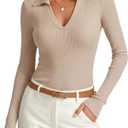 Womens Long Sleeve V Neck Polo Shirts Business Casual Collared Work Top Slim Fitted Basic 2025 Fall Outfit (Small, Oatmeal)