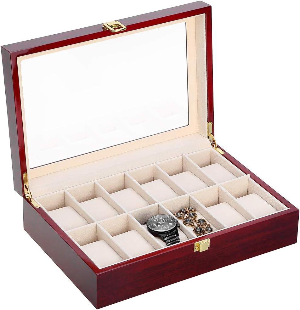 Uten Watch Box, 12 Slot Wooden Watch Case with Removable Watch Pillow, Metal Clasp Watch Display, Watch Box Organizer for men and women. (Cherry Red)