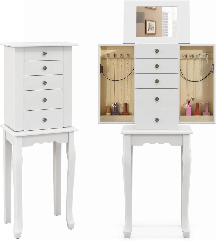 LDAILY Moccha Standing Jewelry Armoire Cabinet, Wooden Jewelry Storage Chest Box with Flip Up Mirror, 2 Side Doors with 8 Necklace Hooks, 4 Drawers, Jewelry Storage Organizer for Girls Women (White)