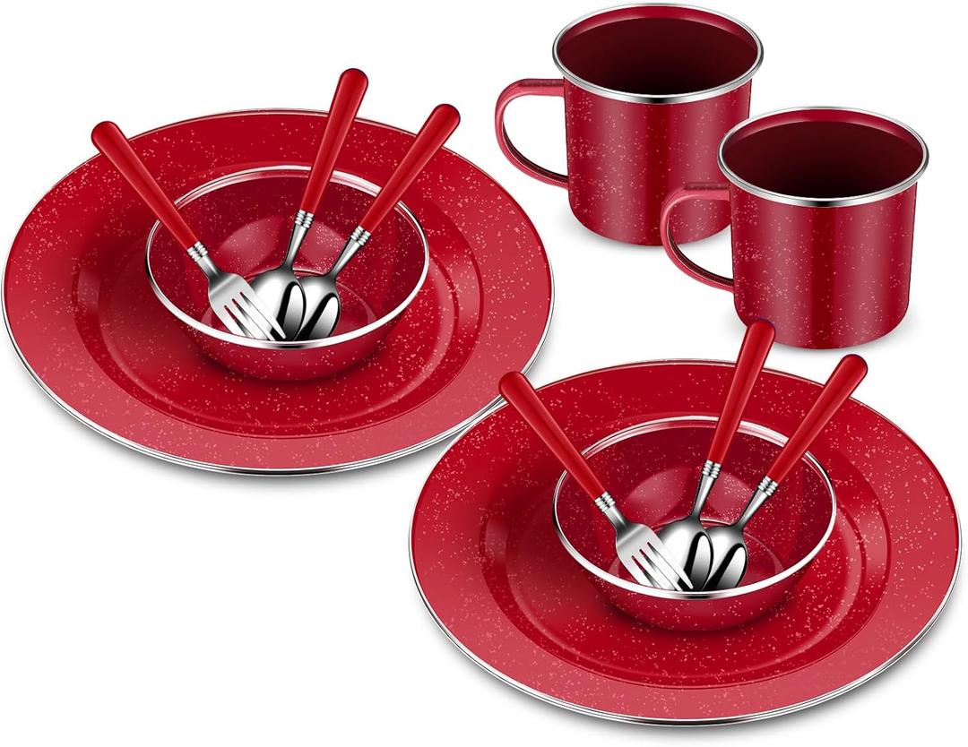 Nuogo 12 Pcs Enamel Camping Tableware Set Dinnerware Kit Includes 12 oz Coffee Mugs Camping Plates Bowls and Utensils Set with Knife Fork Spoon for 2 People Hiking Picnic Outdoor (Red)