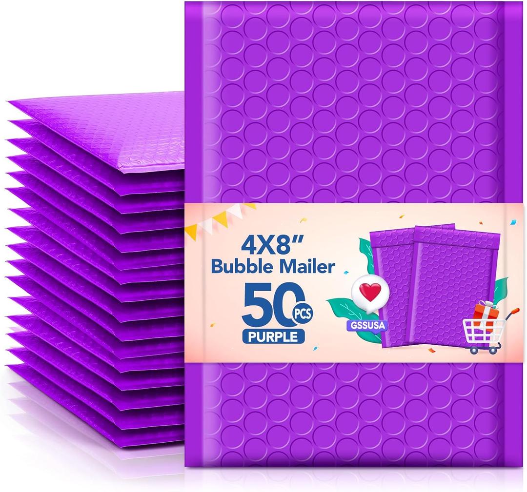 GSSSUSA Bubble Mailers 4x8 Inch 50 Pack Padded Envelopes Usable Size 4x7 Inch Shipping Envelopes Self Seal Small Packaging Shipping Bags for Mailing Jewelry, Small Business, Purple