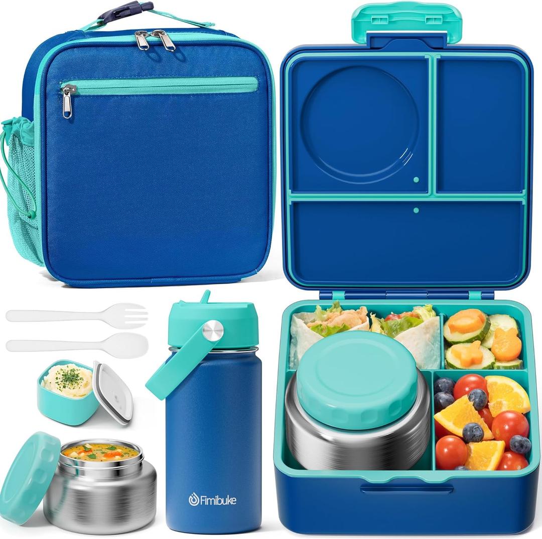 Fimibuke Kids Bento Lunch Box with Thermo, Leakproof Toddler Bento Box with 8.5 OZ Insulated Food Jar, Lunch Bag, Kids Water Bottle, 3 or 4 Compartment Container for Back to School Toddler Girls Boys