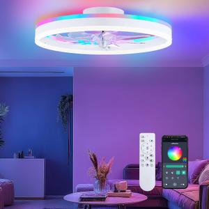 ORITHAM RGB Ceiling Fans with Lights, 20" Fandelier Low Profile Ceiling Fan with Light, Modern Flush Mount Ceiling Fan Light with Remote/APP Control, Bedroom Chandelier Fan Fixture for Indoor(White)