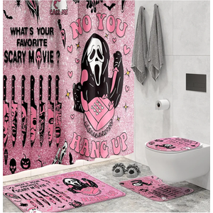 KAIRA 4 Pcs Pink Horror Shower Curtain Set with Rugs, Funny Spooky Bathroom Decor, Waterproof Halloween Bathroom Set with Mats and Accessories, Gothic Bathroom Decor