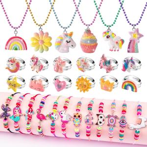 Kids Play Jewelry for Girls 4-6, Unicorn Necklace and Bracelet Set Ring for Little Girls Jewelry Ages 4-6 6-8, Toddler Birthday Gift Princess Dress Up for 5 6 3 8 7 4 Year Old