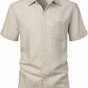 ZEROYAA Men's Linen Shirts Short Sleeve Summer Casual Button Down Beach Shirt with Pocket (Beige, S)