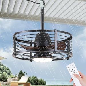 18" Caged Ceiling Fan with Light for Outdoor Waterproof, Low Profile Industrial Fan Light Fixture, Black Plug In with Hook Ceiling Fan for Outdoor Patios, Gazebo