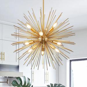24in Gold Sputnik Chandelier 9-Light Starburst Chandelier Light Fixture Solid Metal Mid-Century Modern Satellite Light Fixture for Dining Room Bedroom Bathroom Entryway Kitchen Island